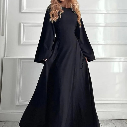 Load image into Gallery viewer, Ribbed Bandage Sexy Maxi Dress For Women Solid Lace-up O Neck Long Sleeve High Waist Elegant Long Dress Fashion
