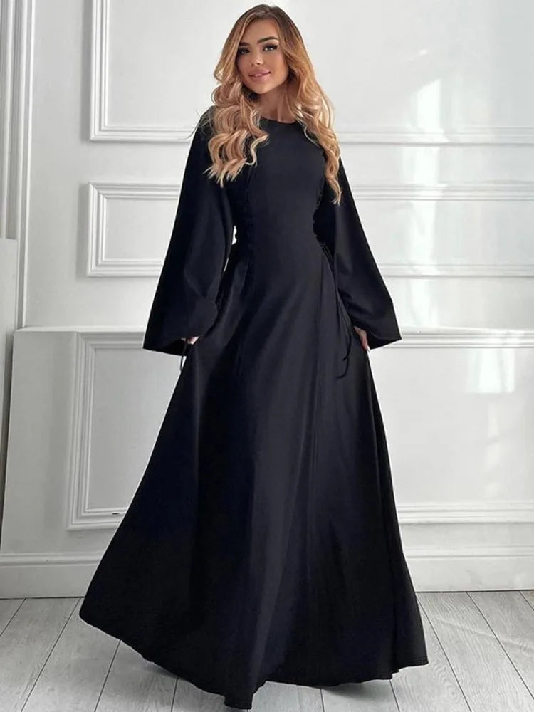 Ribbed Bandage Sexy Maxi Dress For Women Solid Lace-up O Neck Long Sleeve High Waist Elegant Long Dress Fashion