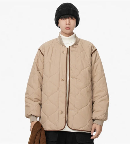 Winter Men's Padded Jackets Solid Color Stand Collar Plaid Design Single Breasted Zipper Korean Style Male Coats New 9C8542