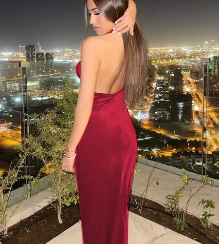 Halter Backless Sexy Maxi Dress For Women Gown Fashion Lace-up Deep V Neck Sleeveless Bodycon Split Long Dress Elegant