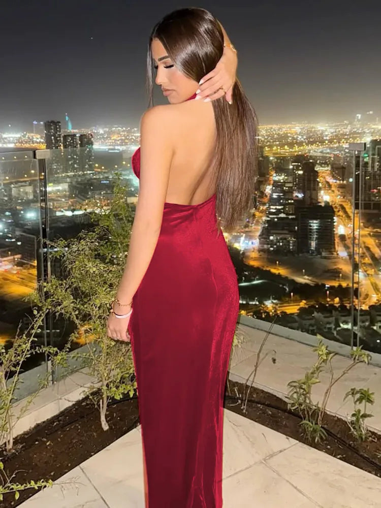 Halter Backless Sexy Maxi Dress For Women Gown Fashion Lace-up Deep V Neck Sleeveless Bodycon Split Long Dress Elegant