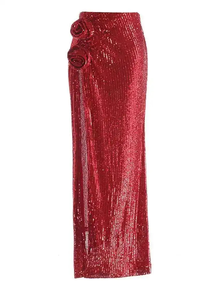 High Elastic Waist Red Sequins Flower Slit Elegant Long Half-body Skirt Women Fashion Tide New Spring Autumn 2025 1DH9121