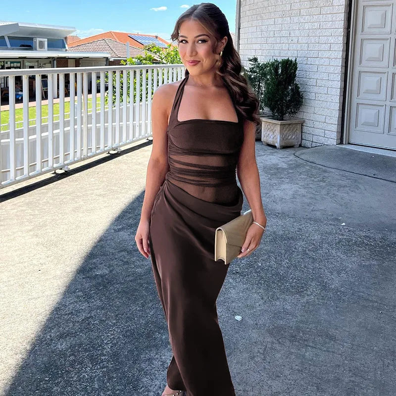 Mesh Patchwork Backless Sexy Maxi Dress For Women Gown Fashion Halter Sleeveless Strapless Bodycon Club Long Dress