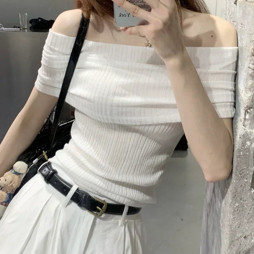Load image into Gallery viewer, Slash Neck Short Sleeve Y2k Aesthetic T-Shirts Women Chic Off Shoulder Slim Tshirts Summer Fashion Casual Bottoming Tee Shirts
