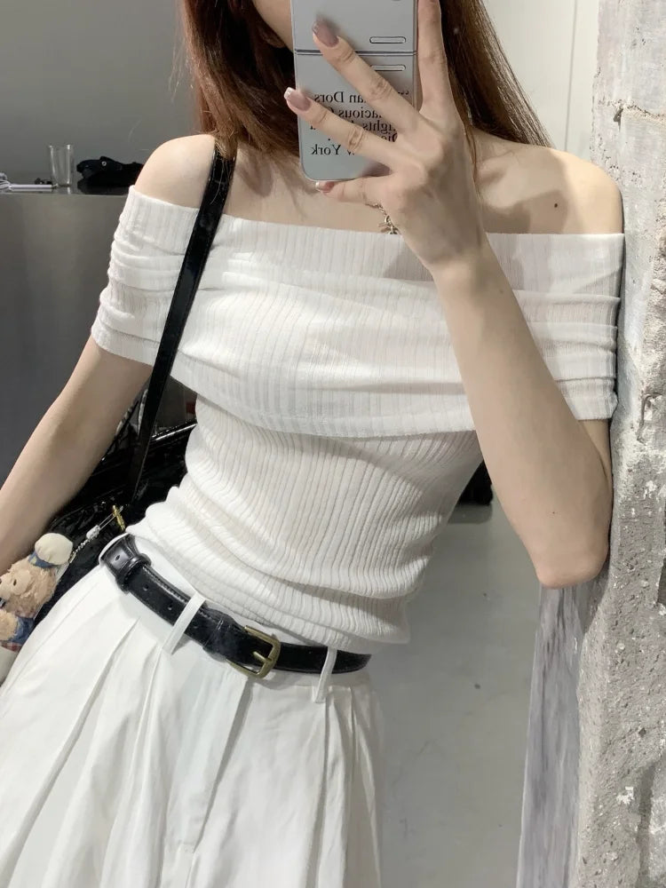 Slash Neck Short Sleeve Y2k Aesthetic T-Shirts Women Chic Off Shoulder Slim Tshirts Summer Fashion Casual Bottoming Tee Shirts