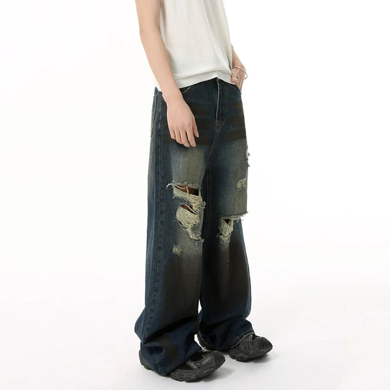 High Street Men's Denim Pants New Worn-out Contrast Color Wide Leg Jeans Hole Straight Personailty Male Trousers 9W1839