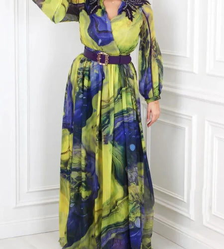 Printing Spliced Appliques Fashion Dresses for Women V Neck Long Sleeves Patchwork Folds Dress Female Clothing New