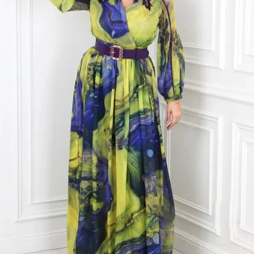 Load image into Gallery viewer, Printing Spliced Appliques Fashion Dresses for Women V Neck Long Sleeves Patchwork Folds Dress Female Clothing New
