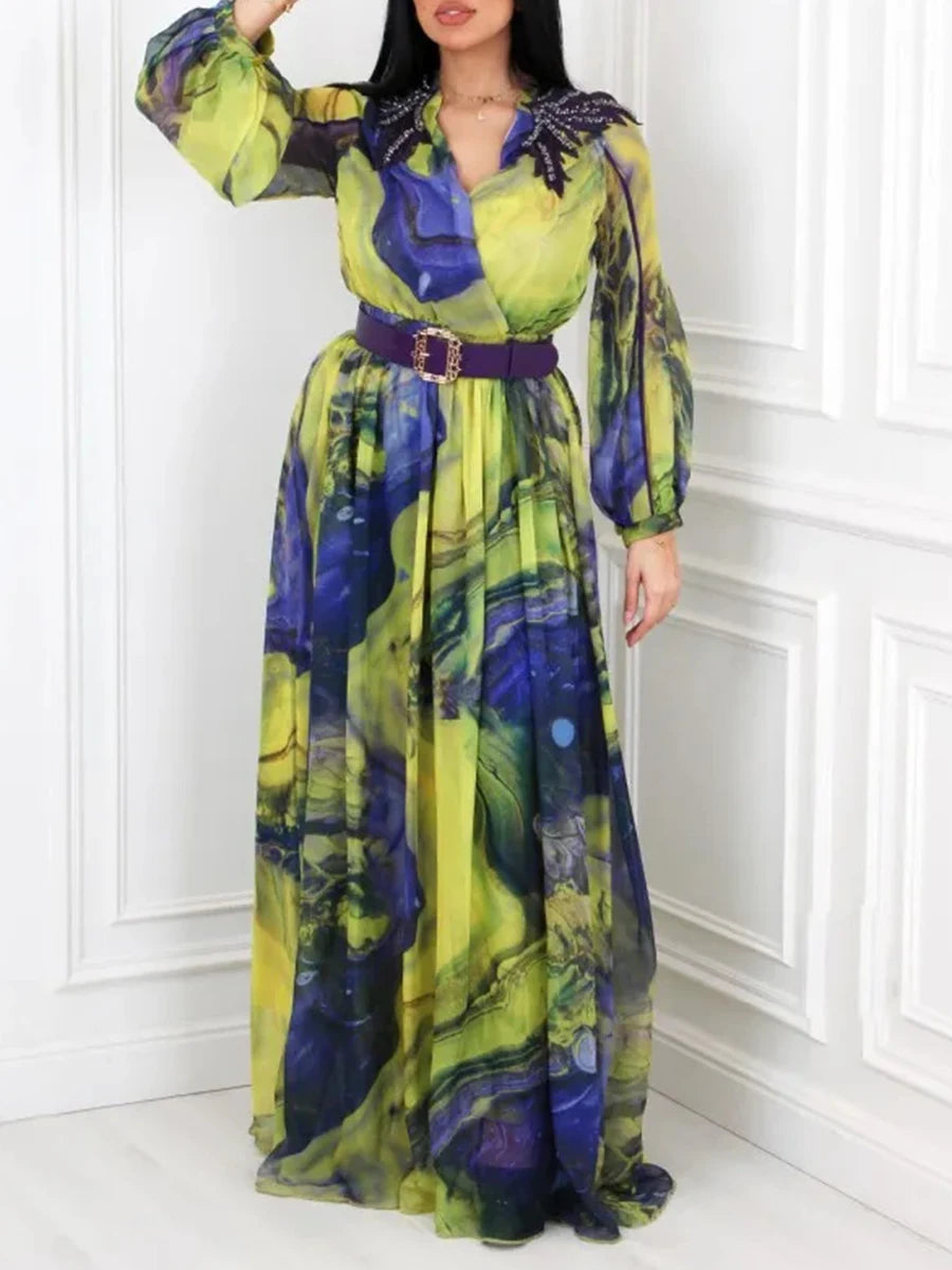 Printing Spliced Appliques Fashion Dresses for Women V Neck Long Sleeves Patchwork Folds Dress Female Clothing New