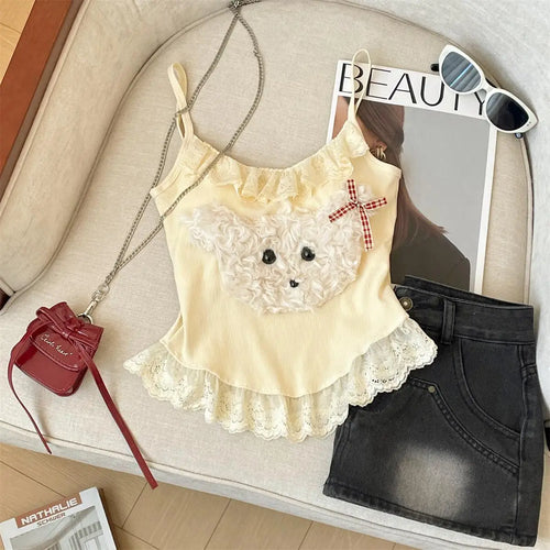 Load image into Gallery viewer, French Fashion Women Puppy Patchwork Lace Sleeveless Short Slip Top Summer Round Neck Backless Versatile Spaghetti Strap Tops
