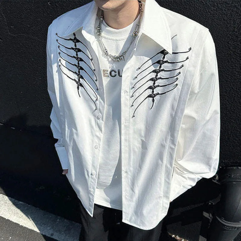 Men's Shirts New Spring Long Sleeve Clothing Embroidery Nail Bead Spine Design Pad Shoulder Turn-down Collar Menwear 9W1607