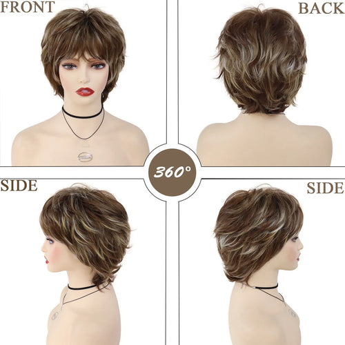 Load image into Gallery viewer, Synthetic Wigs for Women Natural Wig Mix Brown with Bangs Short HairCuts Mommy Wig Gifts Petite Size Old Lady Wigs
