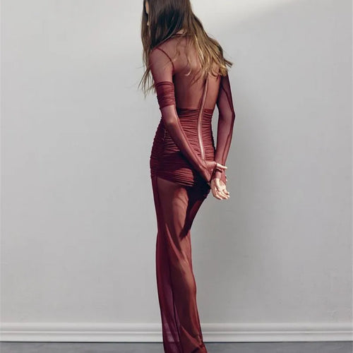 Load image into Gallery viewer, Mesh Ruched Sexy Maxi Dress For Women Fashion Zipper Patchwork See Through Long Sleeve Elegant Club Party Long Dress
