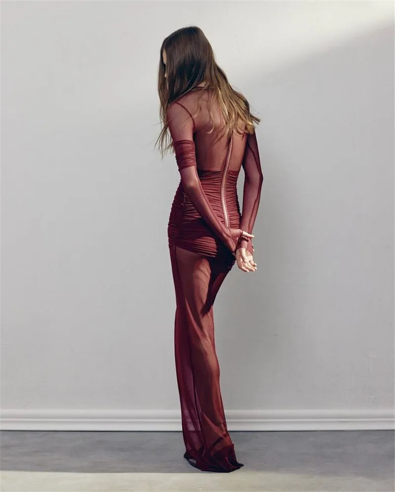 Mesh Ruched Sexy Maxi Dress For Women Fashion Zipper Patchwork See Through Long Sleeve Elegant Club Party Long Dress
