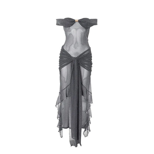 Load image into Gallery viewer, Mesh See Through Ruffled Sexy Maxi Dress For Women Gown Gray Off-shoulder Strapless Backless Ruched Long Dress Vestido

