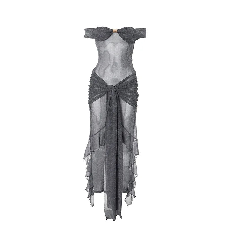 Mesh See Through Ruffled Sexy Maxi Dress For Women Gown Gray Off-shoulder Strapless Backless Ruched Long Dress Vestido