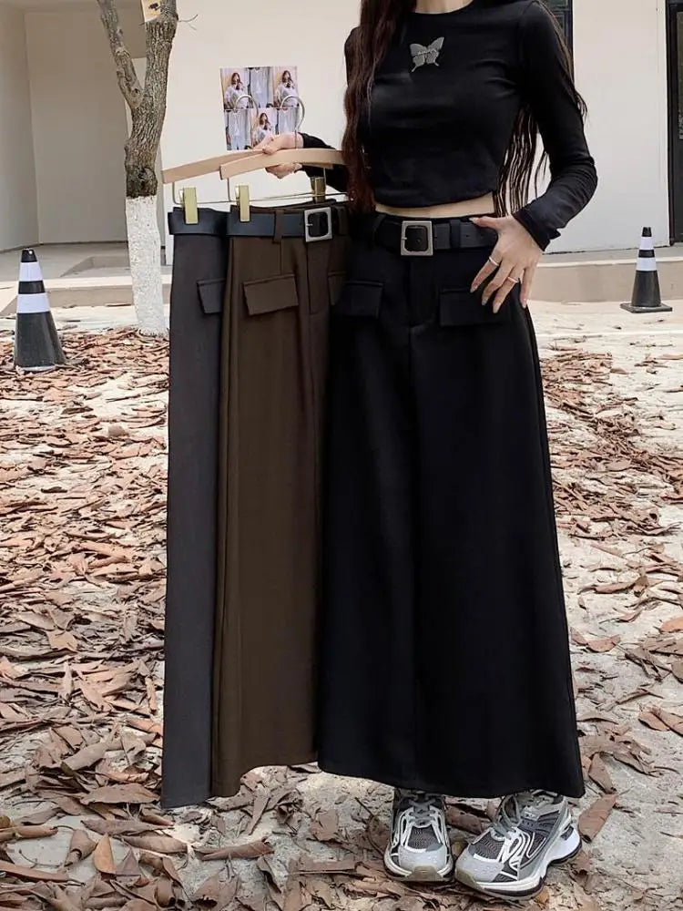 Fashion Black Belt Suit Long Skirt Women Y2k Spring Autumn Brown High Waist Skirts Female 2023 New Grey Casual Skirt Streetwear