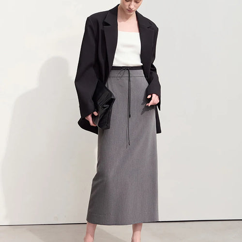 Load image into Gallery viewer, Minimalism Skirts For Women 2024 Autumn New Commuter Contrast Stitching With Waist Rope Lady Split Straight Skirt 12443027
