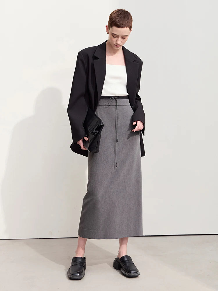 Minimalism Skirts For Women 2024 Autumn New Commuter Contrast Stitching With Waist Rope Lady Split Straight Skirt 12443027