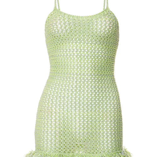 Load image into Gallery viewer, Spaghetti Strap Tassel Knit Mini Dress Women Summer New Hollow Out See Through Backless Beach Holiday Club Dress
