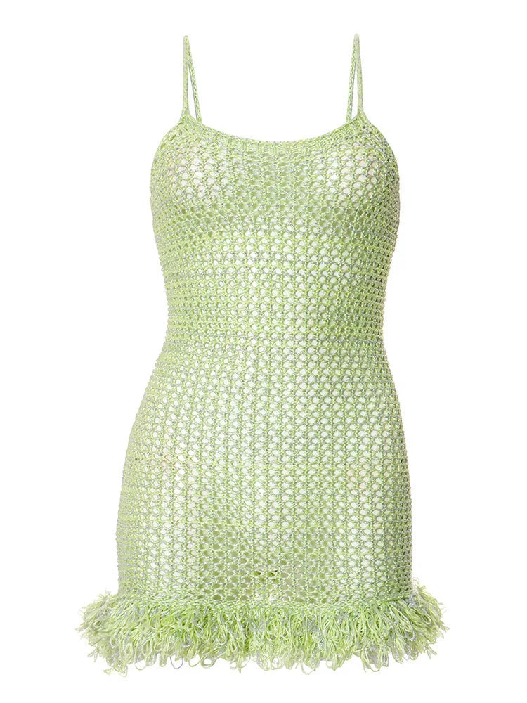 Spaghetti Strap Tassel Knit Mini Dress Women Summer New Hollow Out See Through Backless Beach Holiday Club Dress