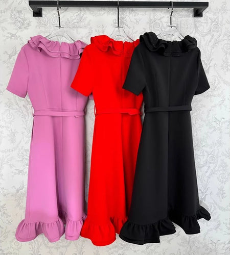 Solid Spliced Ruffles Slimming Dresses For Women V Neck Short Sleeve High Waist Temperament Long Dress Female New