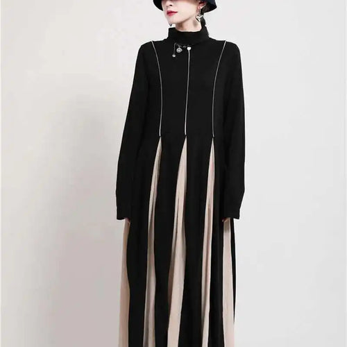 Load image into Gallery viewer, Women Black White Contrast Color Long Dress New Turtleneck Long Sleeve Loose Fit Fashion Tide Autumn Winter 2025  1DD2153

