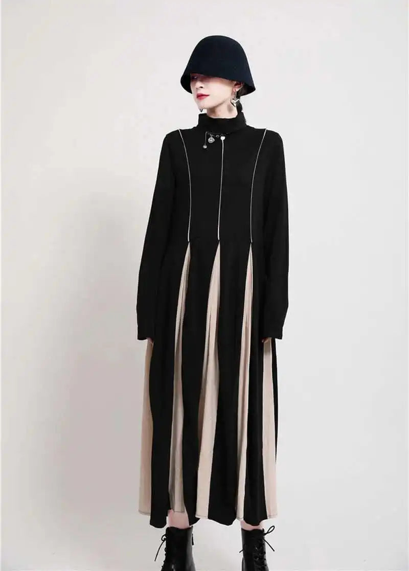Women Black White Contrast Color Long Dress New Turtleneck Long Sleeve Loose Fit Fashion Tide Autumn Winter 2025  1DD2153