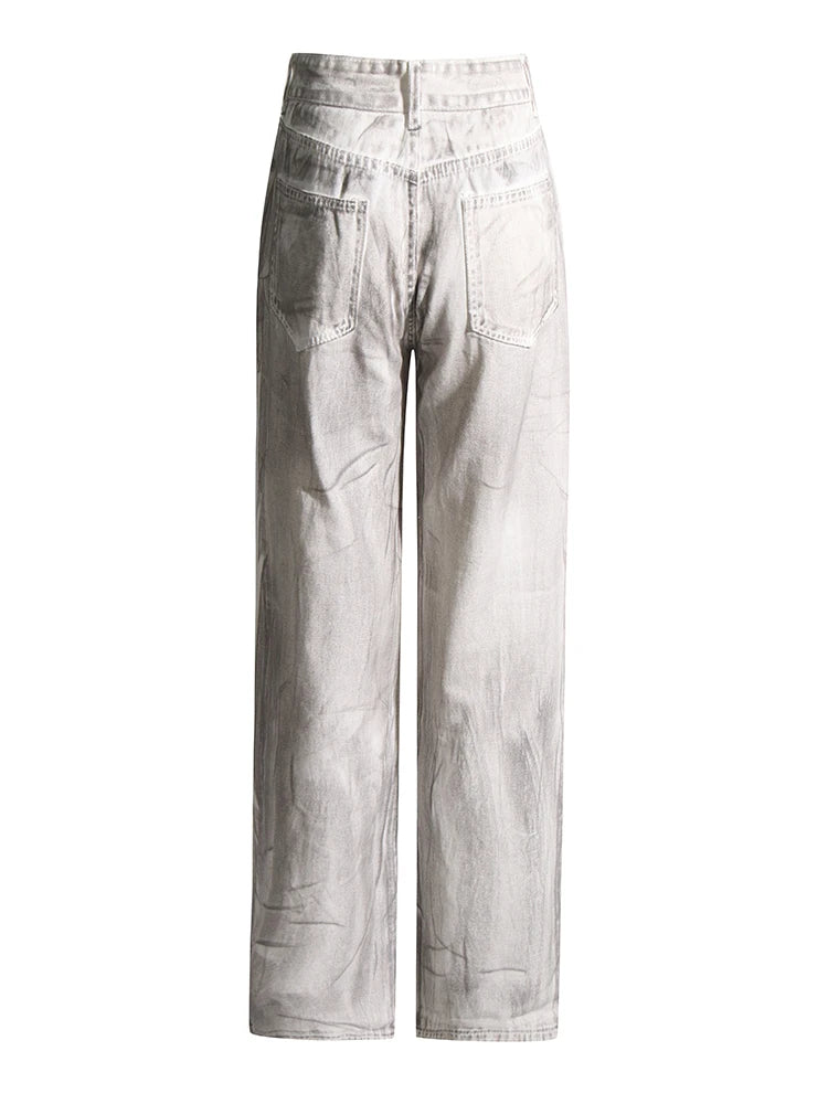 Colorblock Casual Loose Denim Pants For Women High Waist Spliced Button Streetwear Wide Leg Jeans Female Fashion