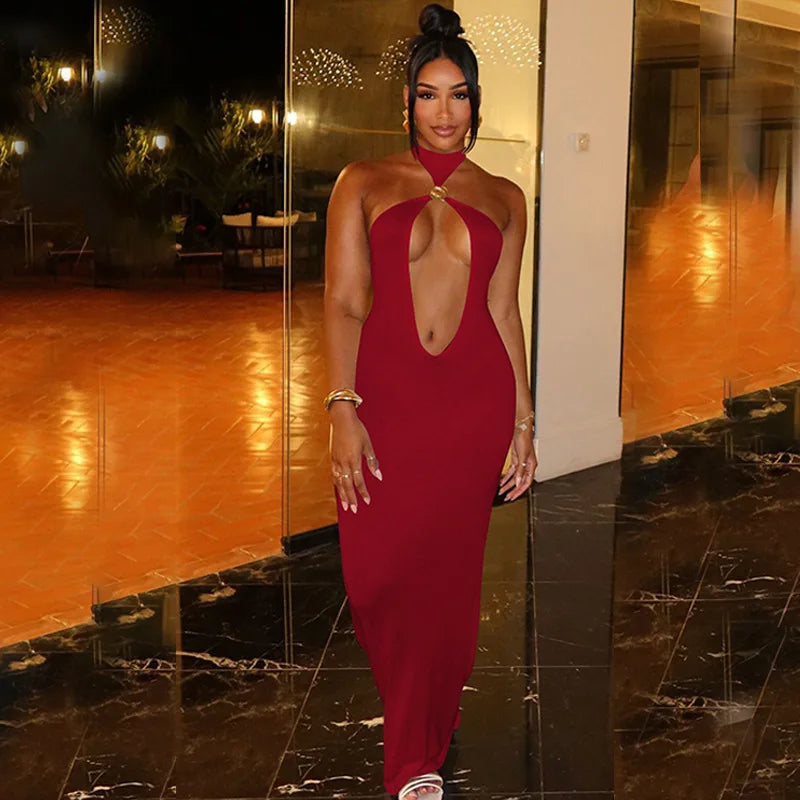 Halter Hollow Out Sexy Maxi Dress For Women Gown Fashion Off-shoulder Sleeveless Backless Bodycon Beach Club Dress