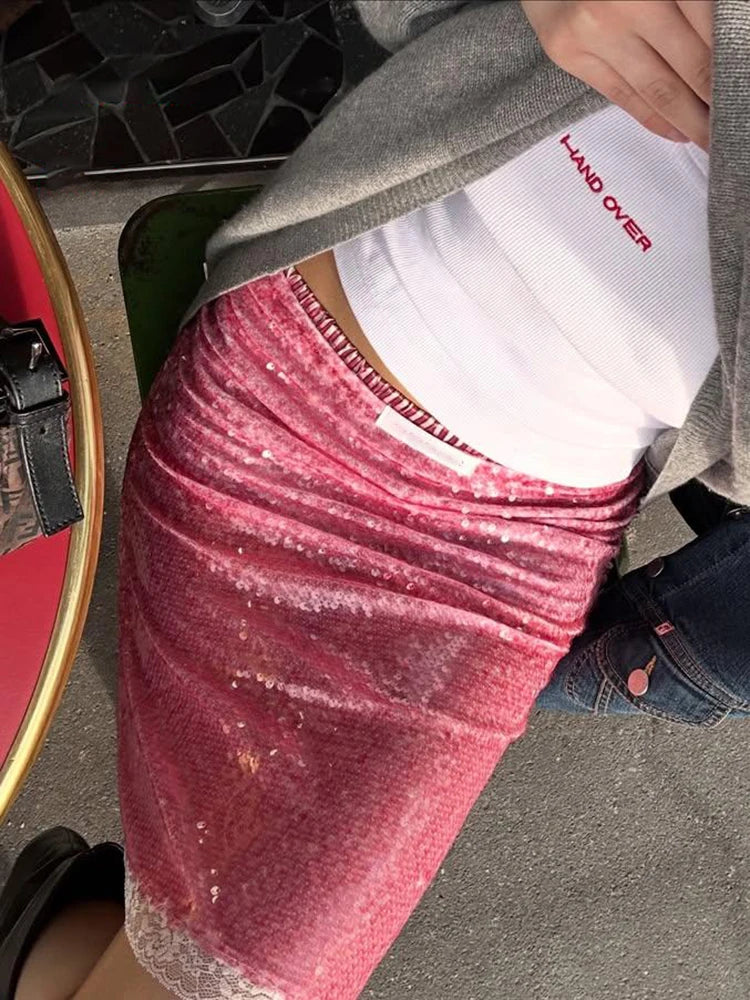 Sequin Summer Beach Sexy Skirt Women Elegant Sparkle High Waist A-line Skirts Female Pink Vacation Club Party Skirt