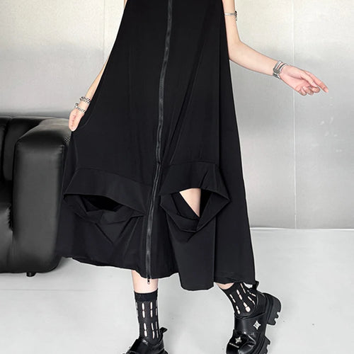 Load image into Gallery viewer, Women Black Zipper Hollow Out Big Size A-line Vest Dress New V-Neck Sleeveless Fashion Tide Spring Summer 2025 1DJ1410
