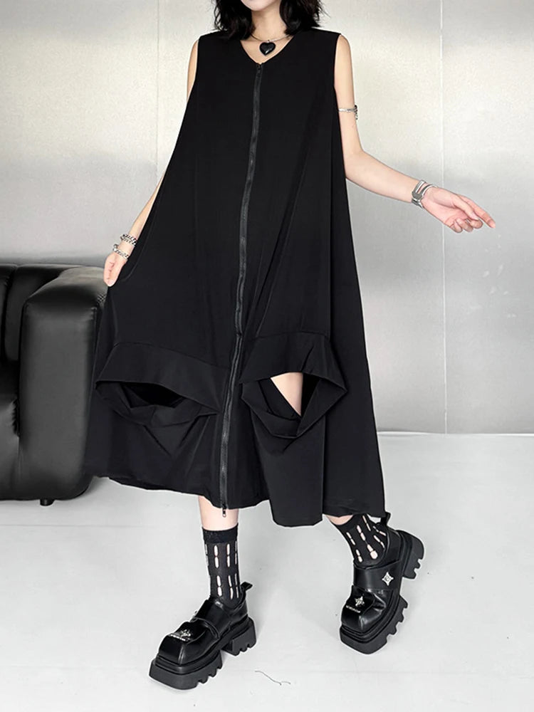 Women Black Zipper Hollow Out Big Size A-line Vest Dress New V-Neck Sleeveless Fashion Tide Spring Summer 2025 1DJ1410