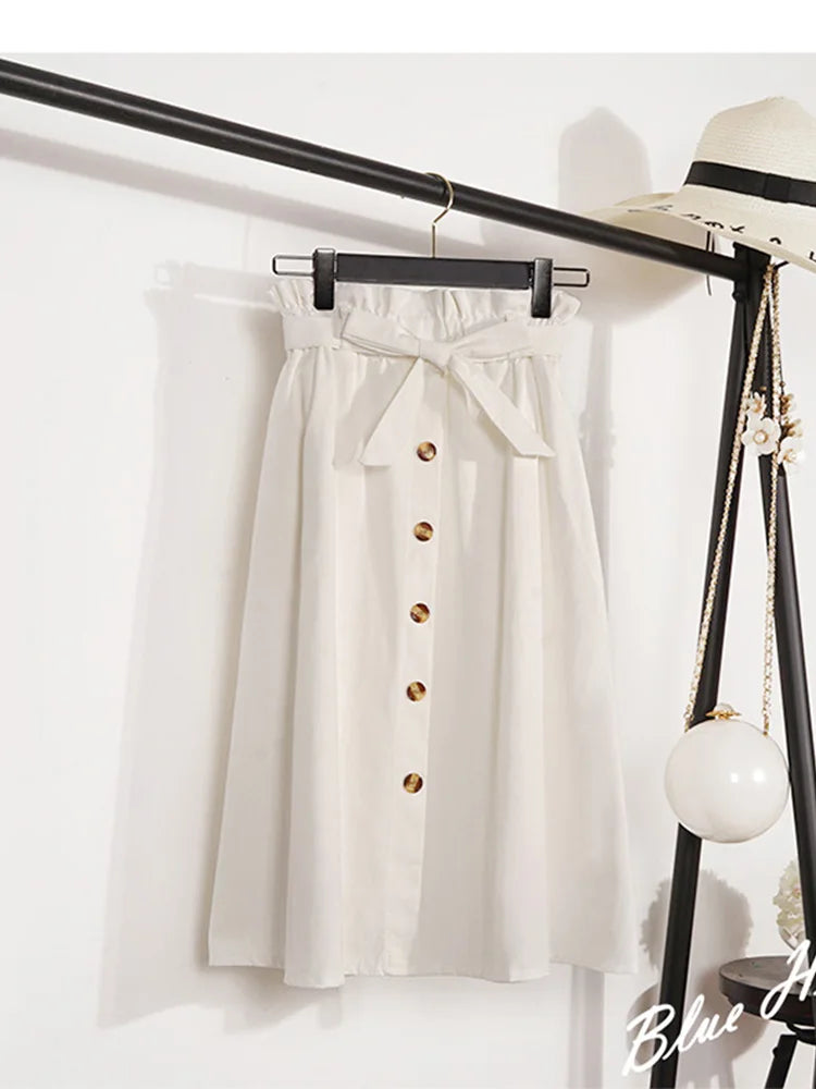 Summer Autumn Skirts Womens 2024 Midi Knee Length Korean Elegant Button High Waist Skirt Female Pleated School Skirt