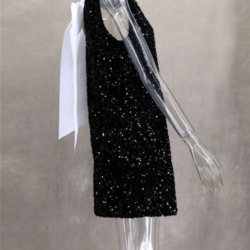 Load image into Gallery viewer, Sequins Backless Bow Sexy Mini Dress For Women Robe 2025 New Sleeveless A-line Sparkle Club Dress Elegant Vestido
