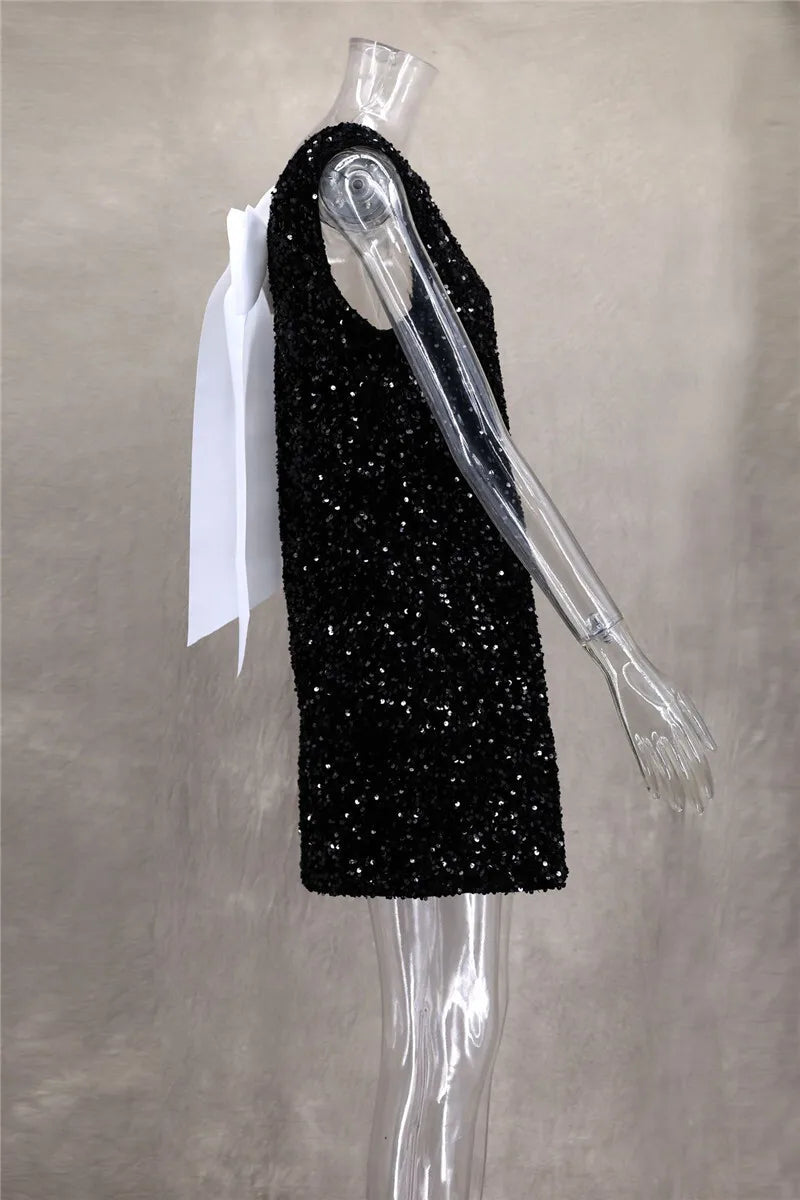 Sequins Backless Bow Sexy Mini Dress For Women Robe 2025 New Sleeveless A-line Sparkle Club Dress Elegant Vestido