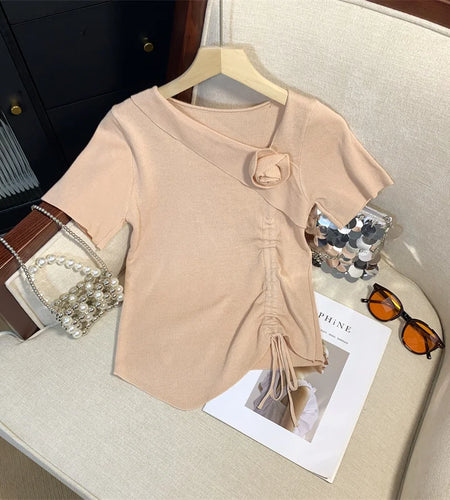 Korean Ladies Drawstring Ruched Lace-up Knit Tops Women Solid Slim 3d Flower Short Sleeved Asymmetry T-shirt Streetwear Summer