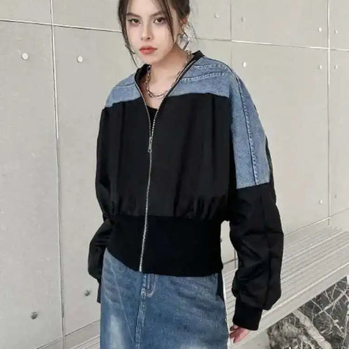 Load image into Gallery viewer, Black Denim Color-block Big Size Casual Jacket New V-neck Long Sleeve Women Coat Fashion Tide Spring Autumn 2025 1DH1842
