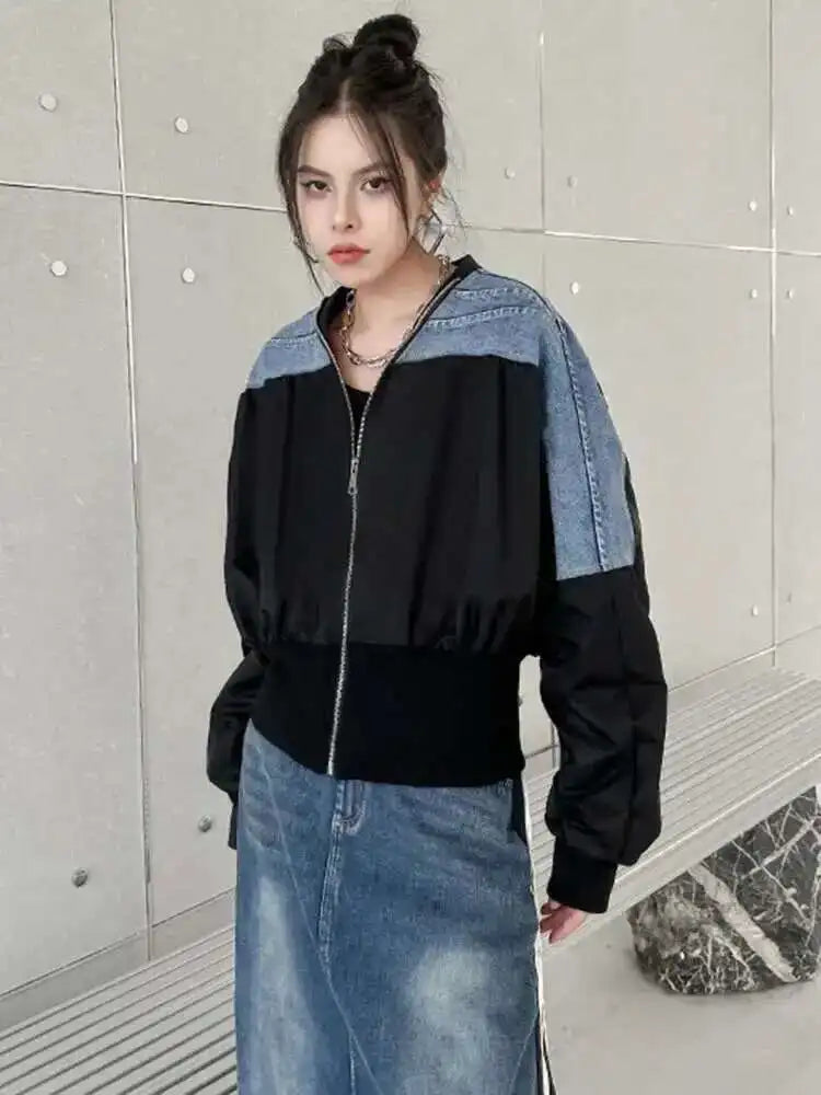 Black Denim Color-block Big Size Casual Jacket New V-neck Long Sleeve Women Coat Fashion Tide Spring Autumn 2025 1DH1842