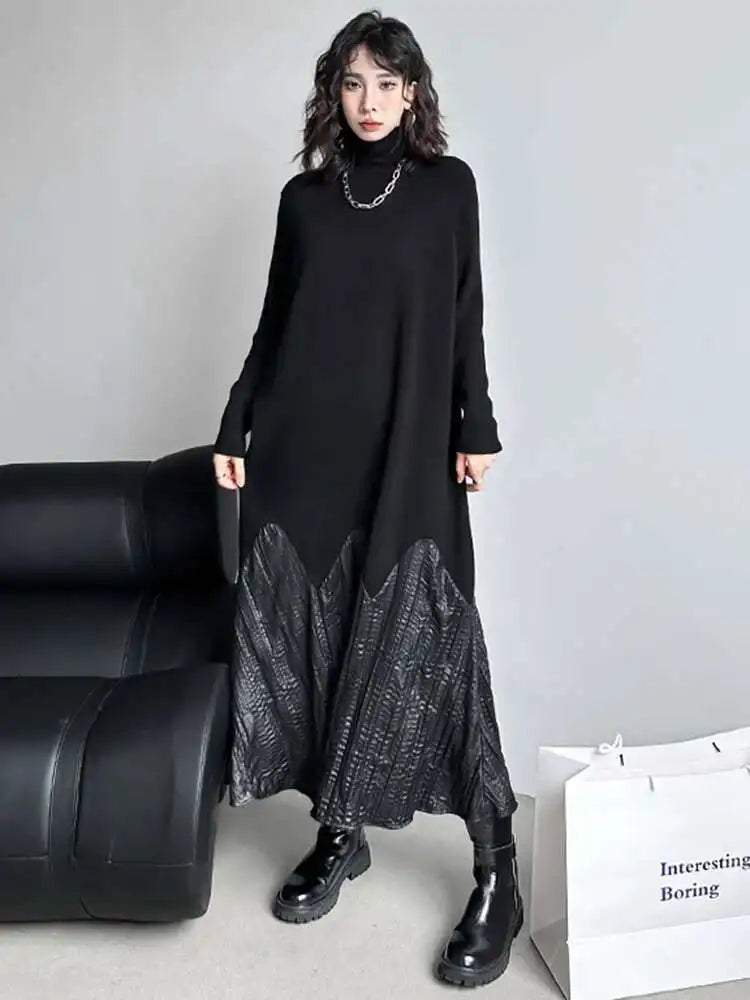 Women Black Knitting Pleated Big Size Long Dress New Turtleneck Long Sleeve Fashion Tide Spring Autumn 2025 1DH1599