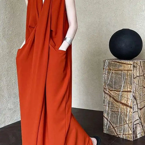 Load image into Gallery viewer, Women Orange Pocket Knot Elegant  Long Big Size Dress New V-Neck Sleeveless Fashion Tide Spring Summer 2025 1DH6380
