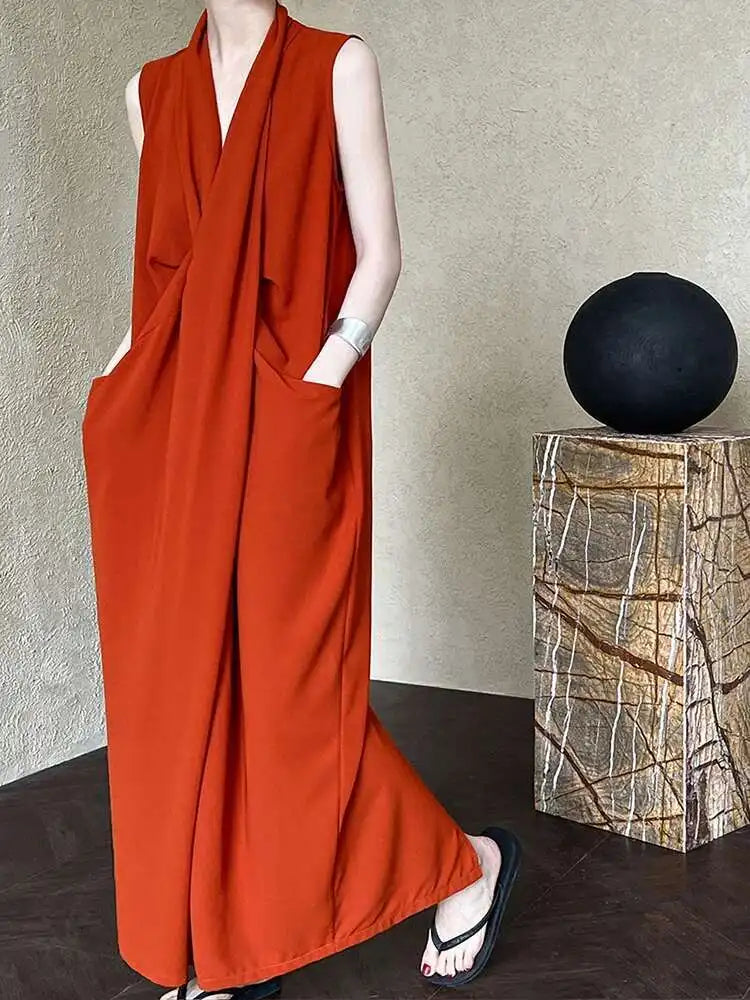 Women Orange Pocket Knot Elegant  Long Big Size Dress New V-Neck Sleeveless Fashion Tide Spring Summer 2025 1DH6380