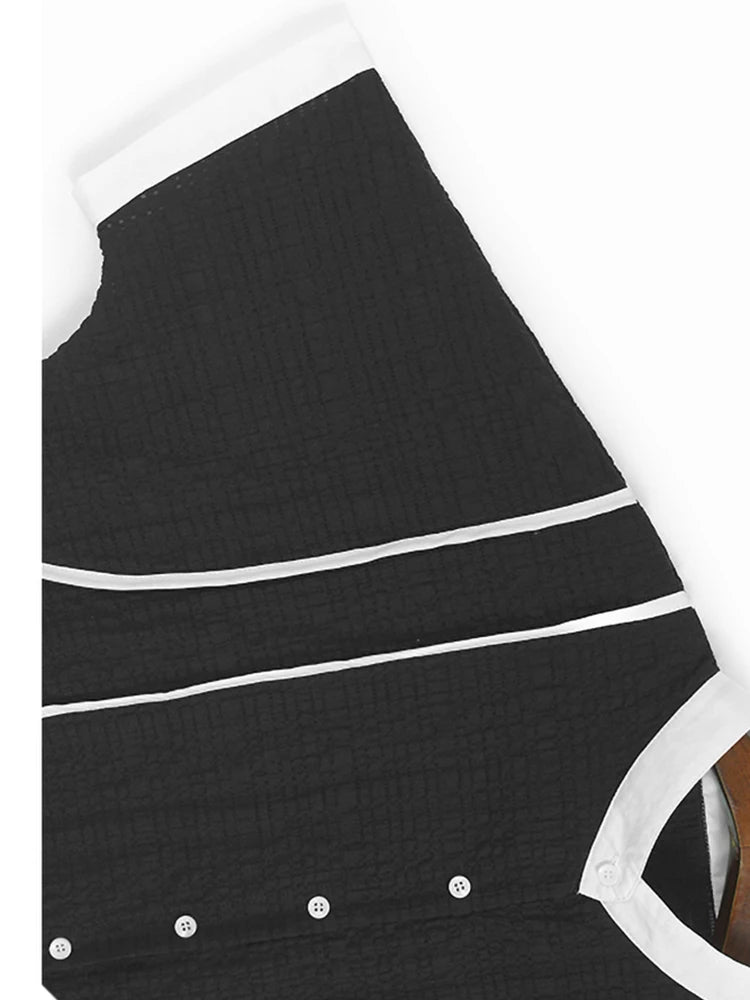 Women Black Color-block Big Size Casual Blouse New Stand Collar Short Sleeve Shirt Fashion Tide Spring Summer 2025 1DJ1108