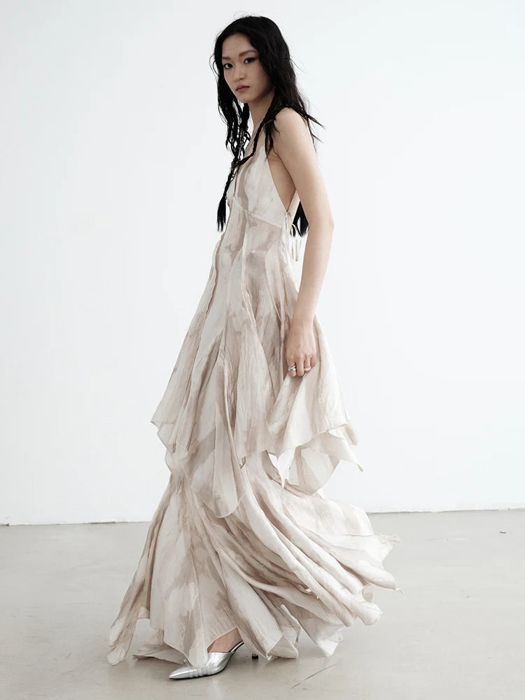 High Waist Apricot Printed Long Irregular Elegant Half-body Skirt Women Fashion Tide New Spring Autumn 2025 1DJ0013