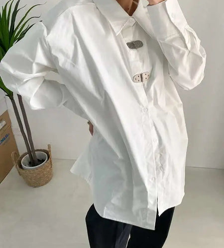 Women White Shaped Big Size Casual Blouse New Lapel Long Sleeve Loose Fit Shirt Fashion Tide Spring Autumn 2025 1DF1136