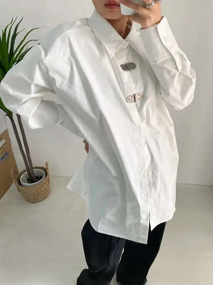 Women White Shaped Big Size Casual Blouse New Lapel Long Sleeve Loose Fit Shirt Fashion Tide Spring Autumn 2025 1DF1136