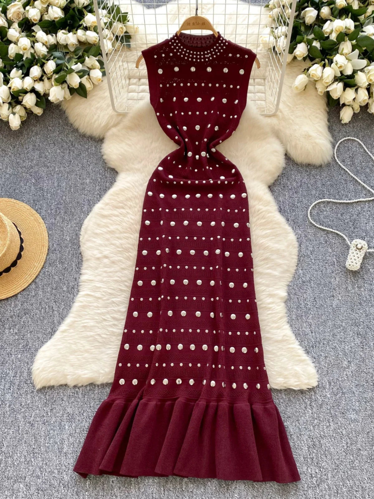 Retro Women's Black Diamond Elegant Sleeveless A-line Vest Dress Summer Red Slim O-neck Holiday Ruffles Fishtail Long Dress Chic