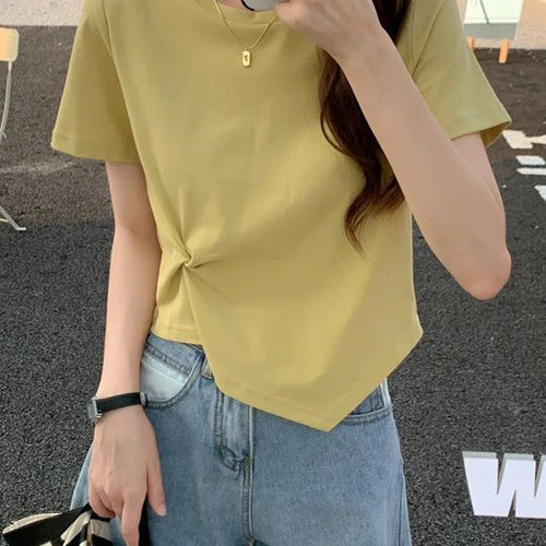 Load image into Gallery viewer, Y2K Irregular T-shirt Women Summer Skinny T Shirt Femme Solid Short Sleeve Korean Kpop Slim O-Neck Tshirt Woman Clothes Top
