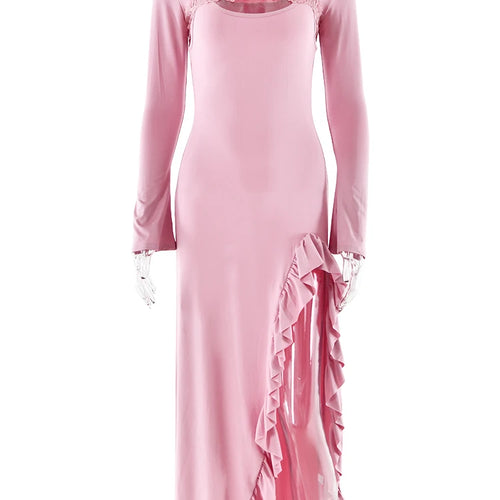 Load image into Gallery viewer, Sexy Lace Patchwork Long Sleeved Ruffled Slit Dress Women Elegant Bodycon Hollow Out Party Evening Dress Autumn Vestido
