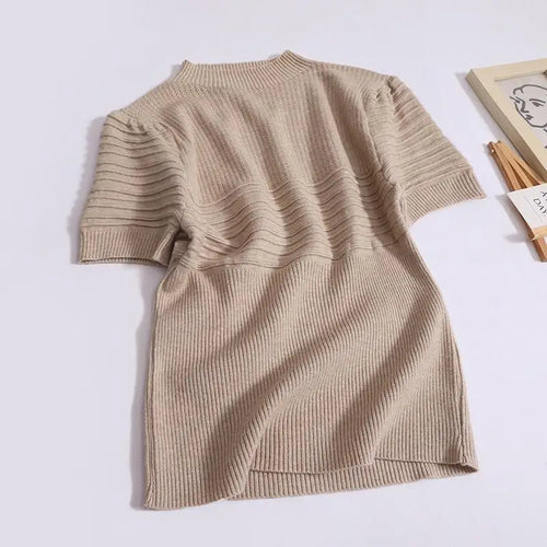 Load image into Gallery viewer, Women Spring Summer Brown Elegant Round Collar T-shirt Korean Slim Short Sleeved Pullovers Tops Causal Fashion Streetwear Ladies
